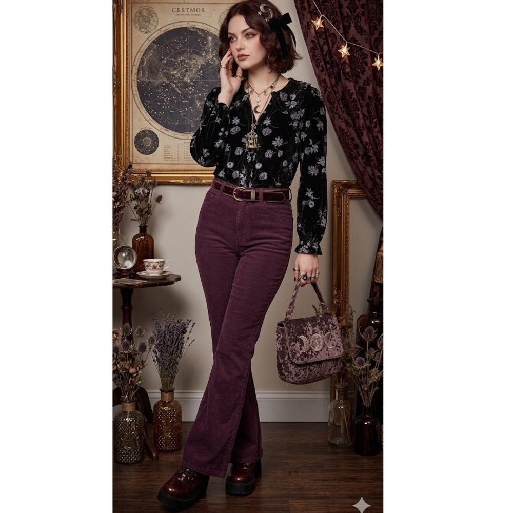 Pilcro Anthropologie Keira Velvet Burnout Blouse Black Witchy Peter Pan Collar M - Picture 7 of 17